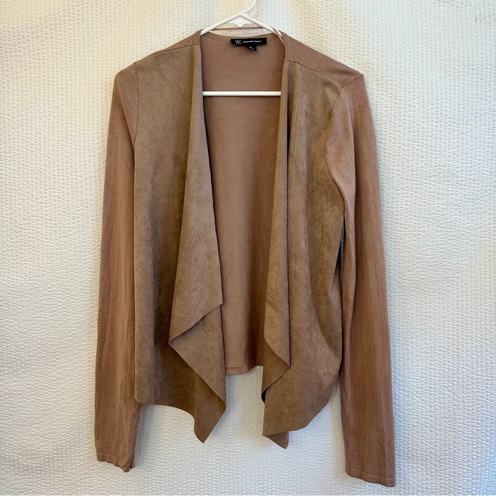 INC International Concepts Tan Faux Suede Open Front Drape Cardigan Medium